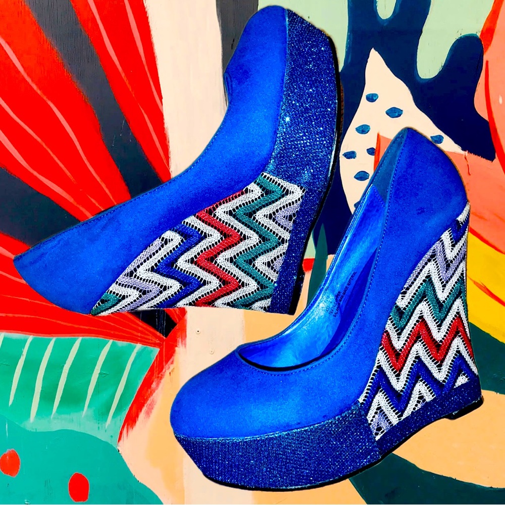 Blue suede, lace, and glitter wedges                           By. BABY GIRL 🎀
